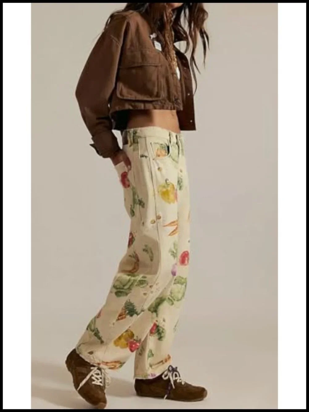 Women Boyfriend Baggy Barrel Jeans Floral Print Denim Ankle Pants Wide Leg Mid